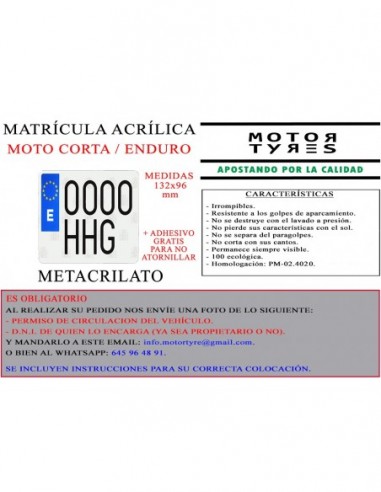 Descenso repentino Operación posible ir a buscar Matrícula Moto Enduro Acrílica Metacrilato【12,90€】